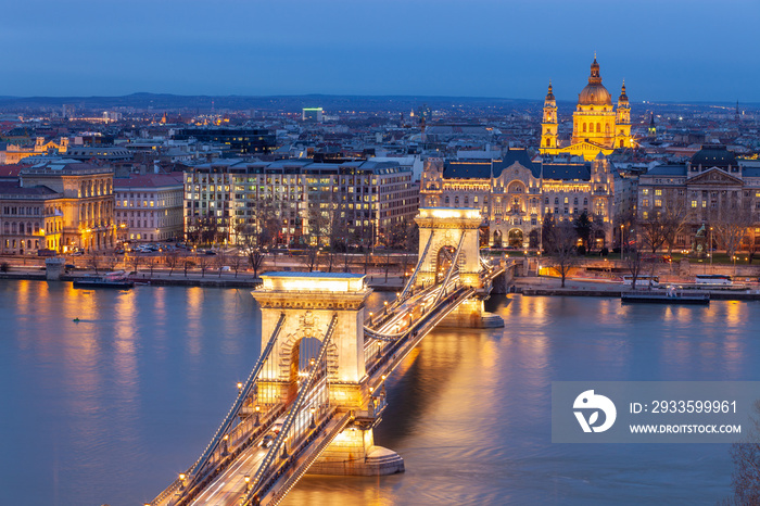 The Chain Bridge in Budapest in the evening. Night city skyline. Sightseeing in Hungary.