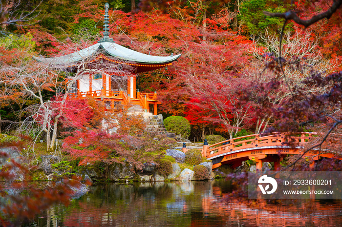 Beautiful view of Daigo-ji temple with red maple trees in autumn season in Kyoto, Japan