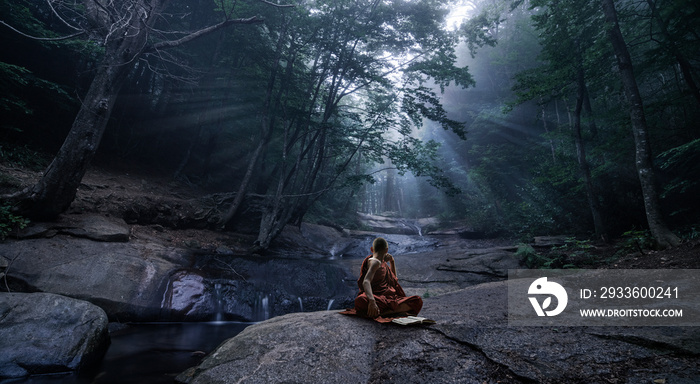 Buddhist monk observing and enjoying nature