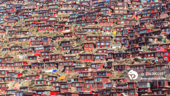 Top view monastery at Larung gar (Buddhist Academy) in sunshine day and background is blue sky, Sichuan, China