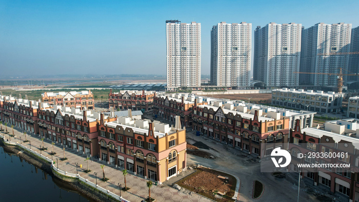 Aerial view of Amsterdam Dutch dancing houses above the southeast of the jakarta river in the spring landscape of the old European city at Pantai Indah Kapuk.