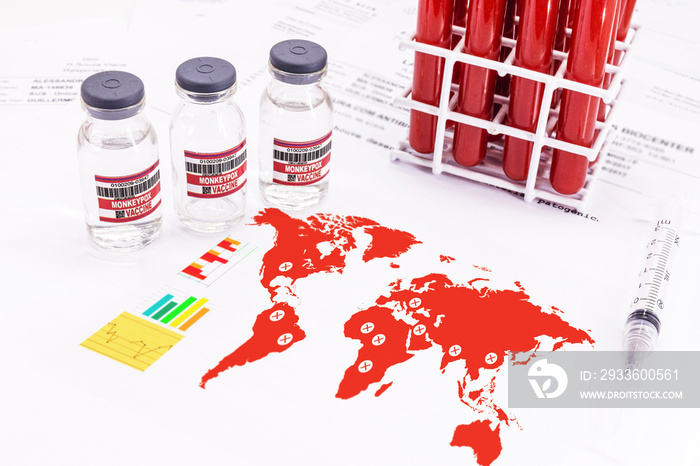 world map with Monkeypox virus advancement, copy space, lab test with contaminated blood and vaccines beside, research for epidemic vaccination