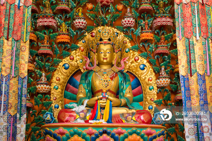 Buddha statue in buddhist Matho monastery ( Gompa ) temple in Leh, Jammu and Kashmir state, Ladakh, India