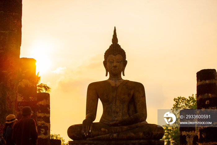 Sukhothai Wat Mahathat Buddha statues at Wat Mahathat ancient capital of Sukhothai  Thailand. Sukhothai Historical Park is the UNESCO world heritage.