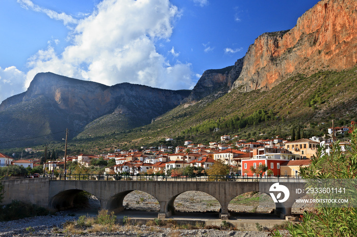 Leonidio village,  an old, picturesque traditional village in Arcadia region, Peloponnese, Greece, Europe. The hills at the background are a popular climbing hill for professional climbers