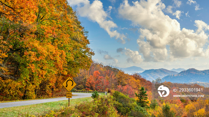 Sunny scenic Autumn Drive on the southern portion of the Blue Ridge Parkway in North Carolina Mountains