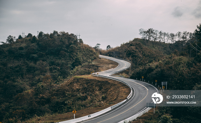 Aerial view of Curvy road number 3 in the mountain of Pua district, Nan province, Thailand