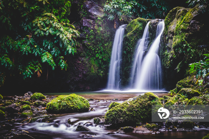 Beautiful waterfall in  Ribeira dos Caldeirões  in Sao Miguel island. Long exposition with silk effect