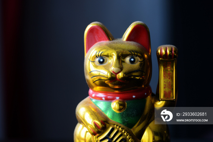 Golden Maneki Neko, the Lucky Cat, covered with dust. The concept of time and expectation of good luck