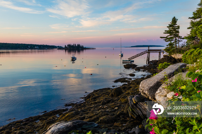 Boothbay Harbor Marina, Maine, at sunrise in soft beautiful quiet light on Independence Day