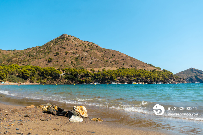 Cala Montjoi, beautiful beach of the Cap Creus Natural Park, Gerona, Costa Brava of Catalonia in the Mediterranean. Spain