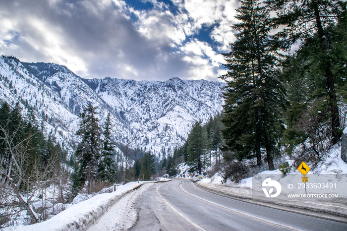 Wide Shot of Road in North Cascades National Park (Winter) - Washington, USA