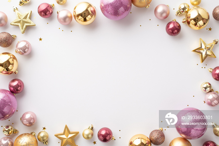 New Year concept. Top view photo of stylish gold and pink baubles star ornaments and confetti on isolated white background with empty space in the middle