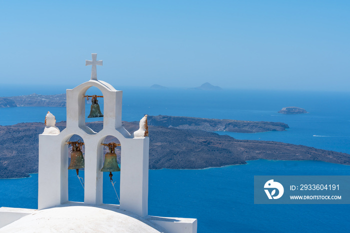 Three church bells with Mediterannean landscape