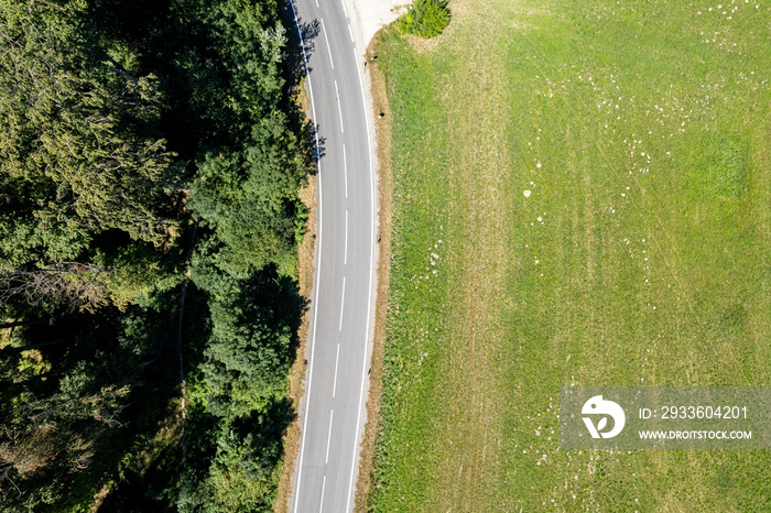 Arial shot of an empty road next to a meadow and a forest. Idyllic Landscape with Copy Space