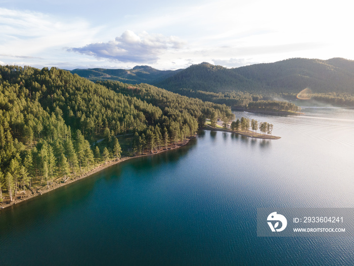 Aerial View of Pactola Lake in the Black Hills of South Dakota at Golden Hour