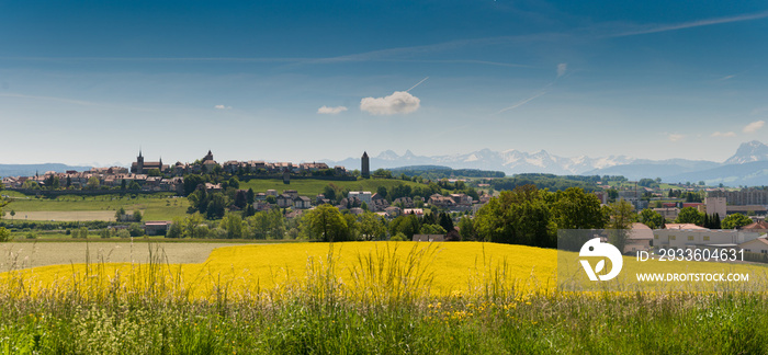 panorama view of the village of Romont in Switzerland with the Alps in the background