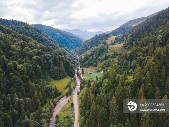 aerial view of carpathian mountains with river