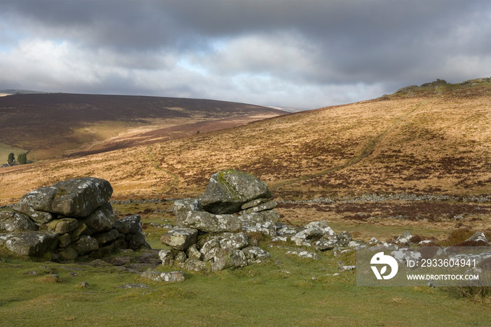 The imposing entrance to Grimspound Bronze-Age settlement, Dartmoor, Devon, England, UK