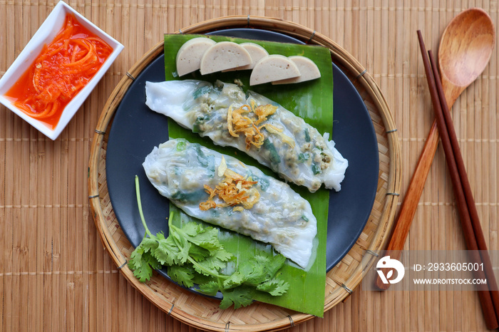 Banh Cuon - Vietnamese rice rolls filled with minced pork and vegetables at top view