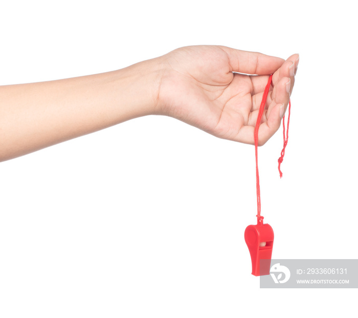 hand holding sport whistle isolated on white background