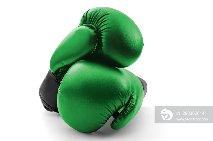 Competitive sports, fist protection and martial arts concept with photograph of two green boxing gloves with one glove on top of the other isolated on white background with clipping path cutout