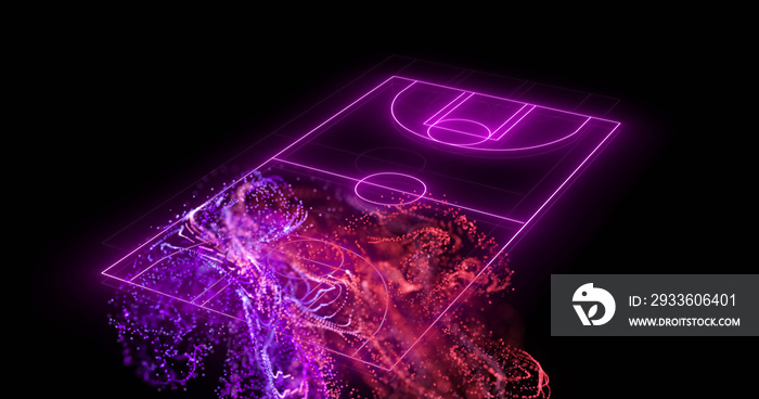 Image of purple neon basketball court and pink particles