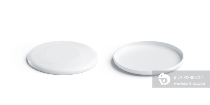 Blank white plastic frisbee mockup, isolated, front and back, side view, 3d rendering. Empty circle toy for leisure mock up. Clear sport toy for recreation template.