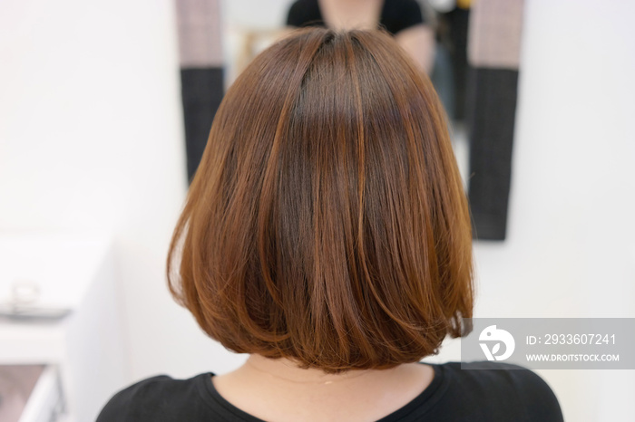 Back view of woman with brown hair in beauty salon