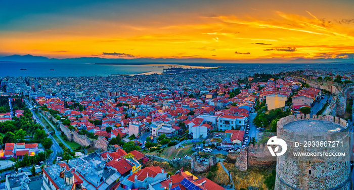 Aerial view of the old Byzantine Castle in the city of Thessaloniki , Greece.