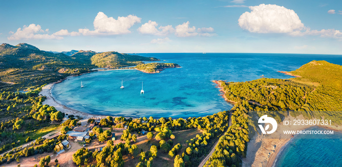 View from flying drone. Panoramic summer view of Rondinara beach. Magnificent  morning seascape of Mediterranean sea. Bright scene of Corsica island, France, Europe.