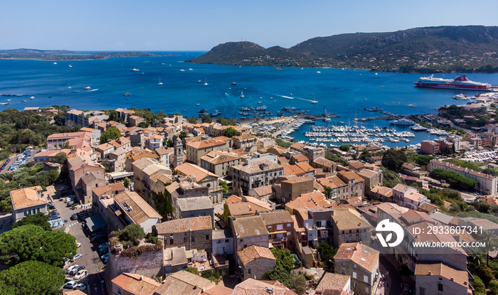 Aerial view of the citadel of Porto-Vecchio in the South of Corsica, France - Walled city center built by the Genoese in front of the Mediterranean Sea