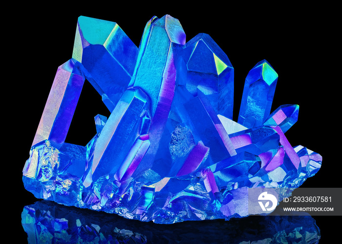 Amazing colorful Quartz Rainbow Flame Blue Aqua Aura crystal cluster closeup macro isolated on black background