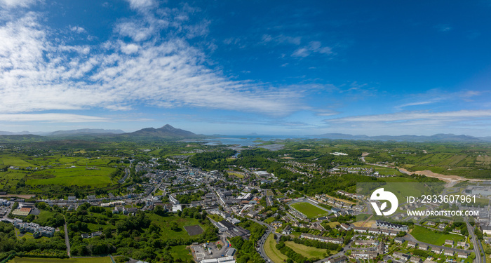 Westport town Mayo Ireland from above sunny summer day drone photo