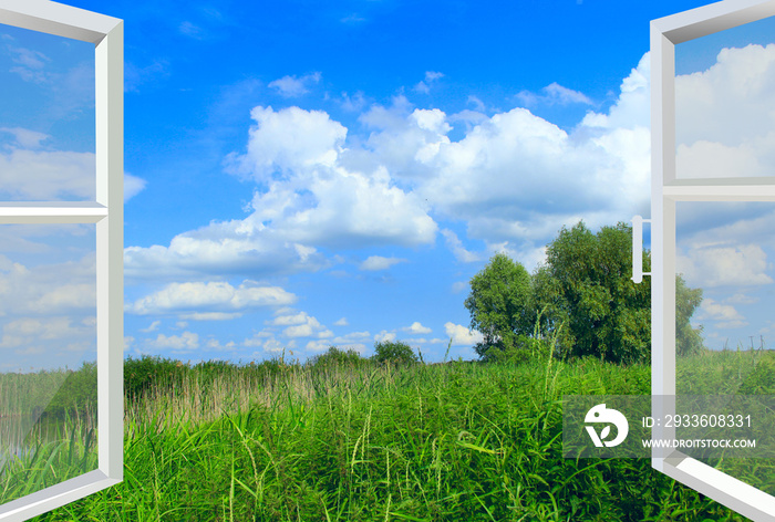 Opened window to summer field. Natural landscape