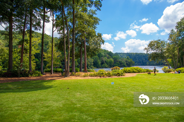 a stunning summer landscape along the Chattahoochee river with rushing water and lush green trees, grass and plants along the river and blue sky with clouds at Walton On The Chattahoochee in Atlanta