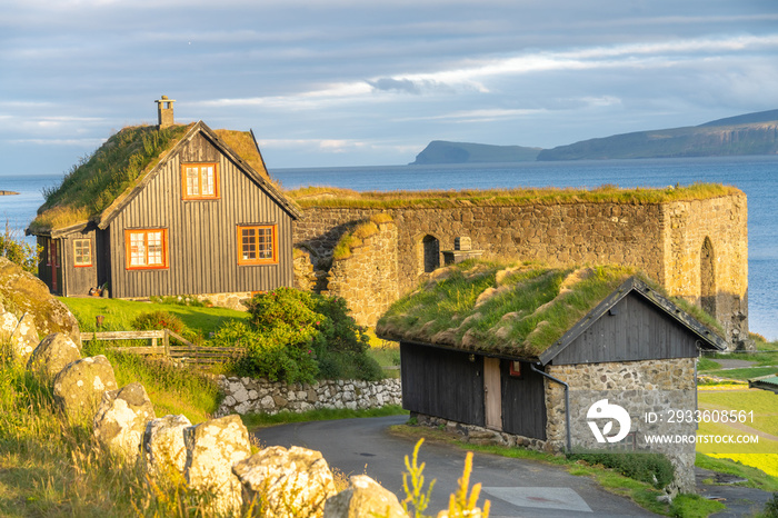 The old farmhouse of Kirkjubøargarður still inhabited since the 11th century in Kirkjubøur (Kirkebø) a historical village on Streymoy, Faroe Islands.