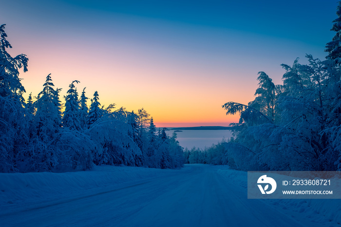 Heavy snow sunset landscape at Sotkamo, Finland.