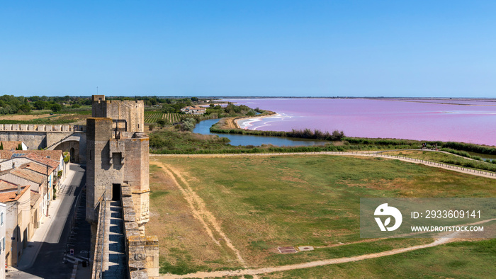 The salt marshes of Aigues-Mortes in Camargue, southern France, seen from the ramparts of the old town