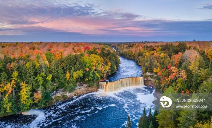 Still morning dawn at Upper Tahquamenon Falls in Autumn - Michigan State Park in the Upper Peninsula - waterfall