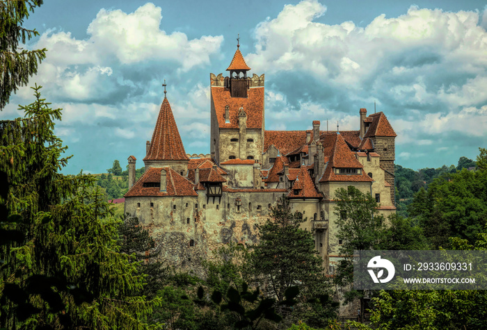 Mysterious beautiful Bran Castle. Vampire Residence of Dracula in the forests of Romania