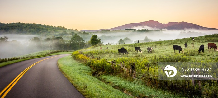 fog rolling through blue ridge parkway farm lands