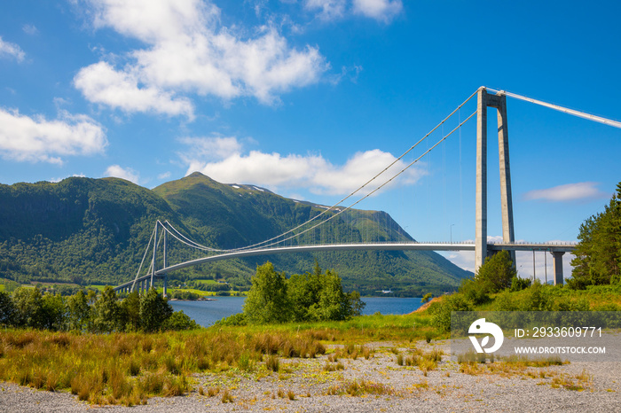 Big beautiful cable-braced bridge above fjord, Norway