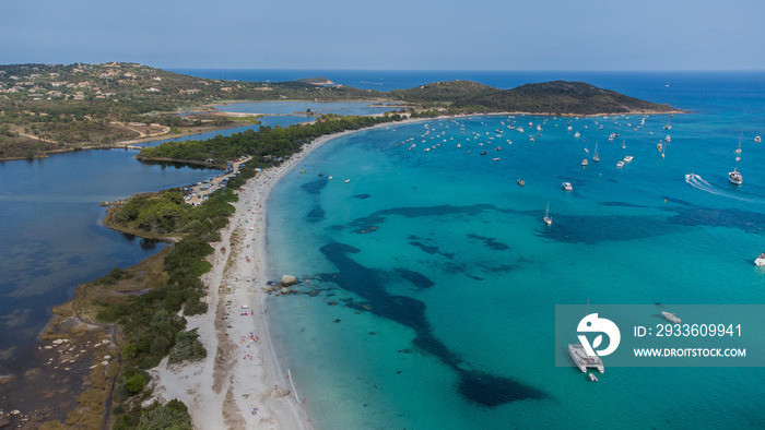 Aerial view of the beach of Saint Cyprien in the South of Corsica, France - Round bay with turquoise waters of the Mediterranean Sea