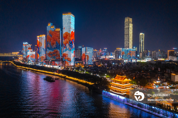 航拍长沙湘江沿江风光杜甫江阁夜景