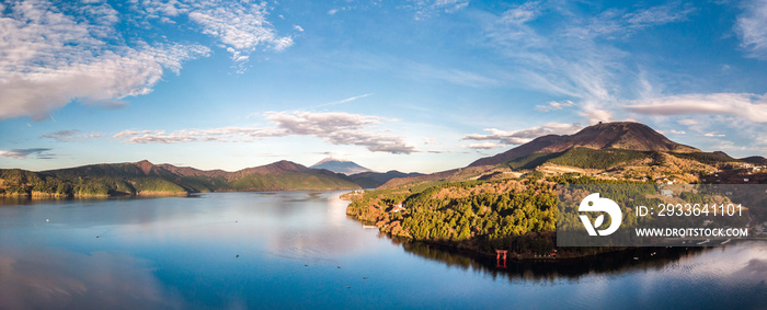 Mount Fuji and Lake Ashi.The shooting location is Lake Ashi, Kanagawa Prefecture Japan.View from drone.-aerial photo.