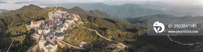 Bana Hills and Golden Bridge from above, french village Sun World in Da Nang, Central Vietnam