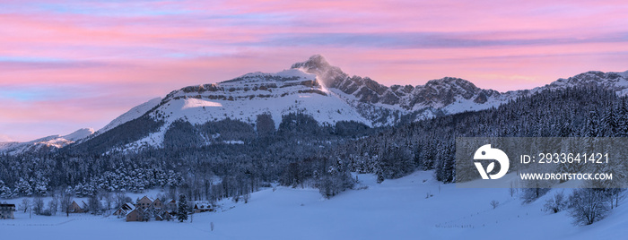 French winter landscapes. Panoramic view of mountain peaks and canyons. Vercors Regional Natural Park. View to Roc Cornafion.