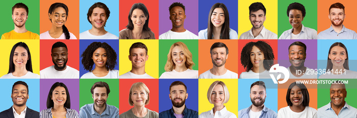 Set of multicultural people faces showing positive emotions to camera, posing on colorful studio backgrounds, banner