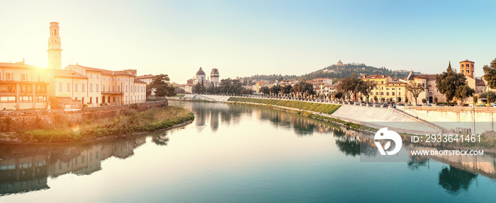 Panoramic cityscape view of Verona old town and bridge over Adige river. Travel destination in Italy concept